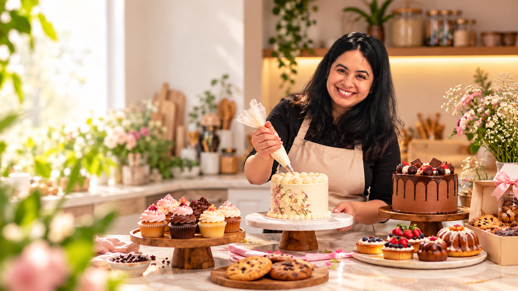 A baker piping cream onto a floral celebration cake, with cupcakes, brownies, fruit tarts and gift boxes arranged across the counter